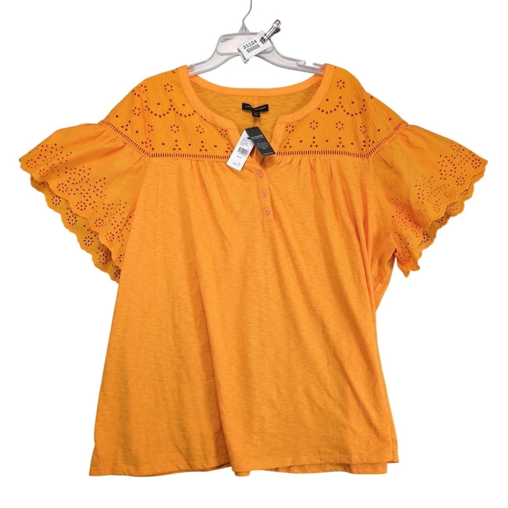 NWT Lane Bryant‎ Golden Eyelet Lace Henley Top Plus Size 26/28 Short Flutter Slv